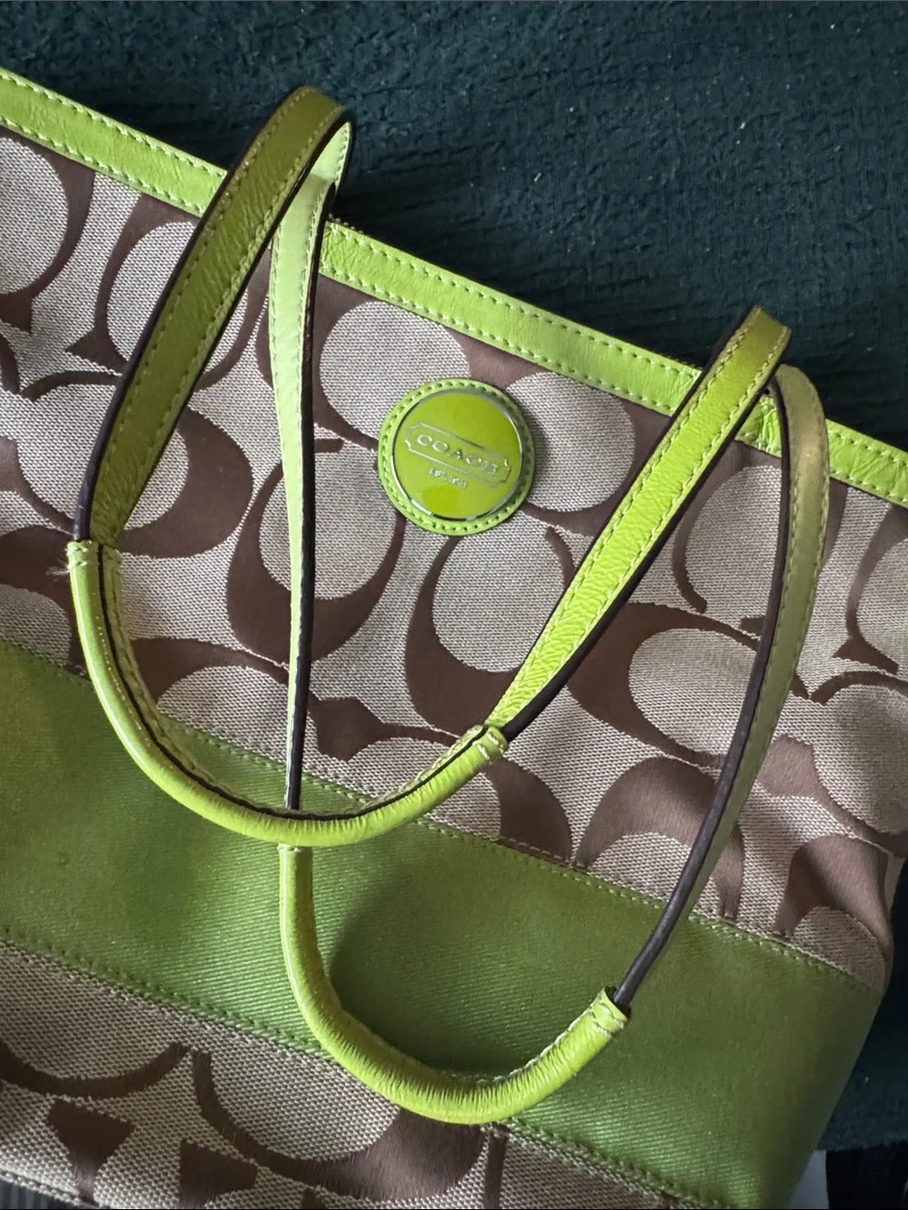 Coach Brown Signature Canvas Tote with Lime Trim